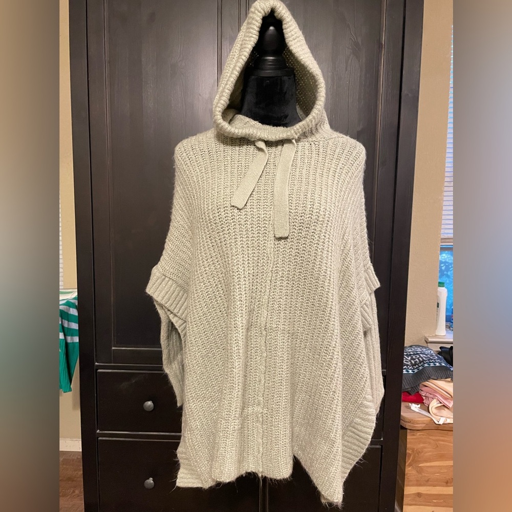 BKE Light Green Hooded Knit Poncho Sweater